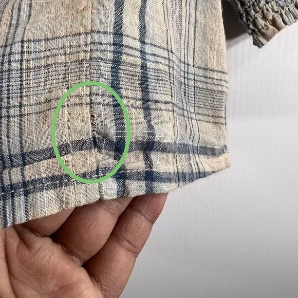 Oak + Fort Plaid Cropped Top Size M Cotton Puff Sleeve Blue Summer Western *READ - Picture 3 of 9
